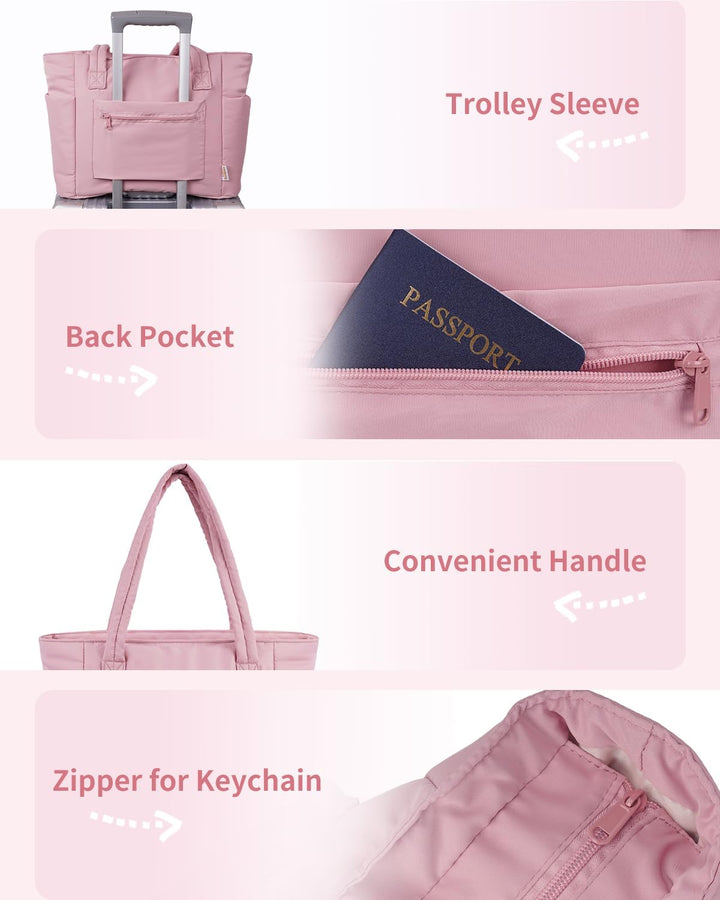 Women's attractive quilted puffer tote, laptop sleeve, cup holder & everyday elegance.