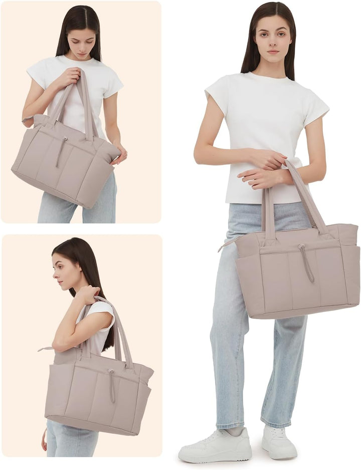 Elegant quilted puffer tote with a spacious interior and protective laptop sleeve