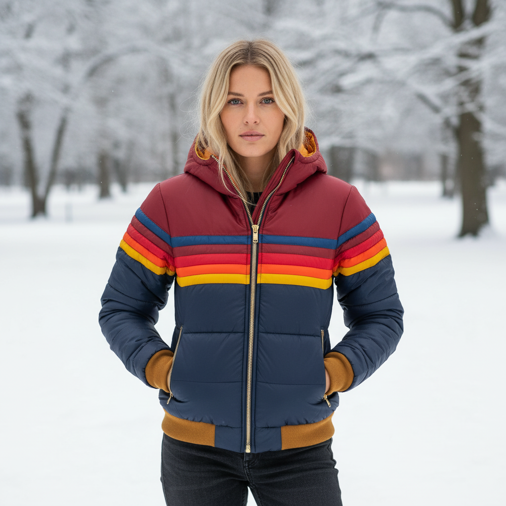 Women's quilted striped hooded winter jacket in a stylish, casual design