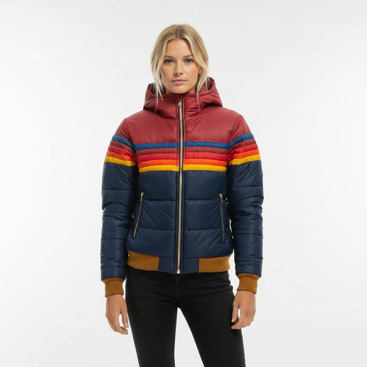 Warm women's quilted winter jacket with hood and stripes for cold weather fashion