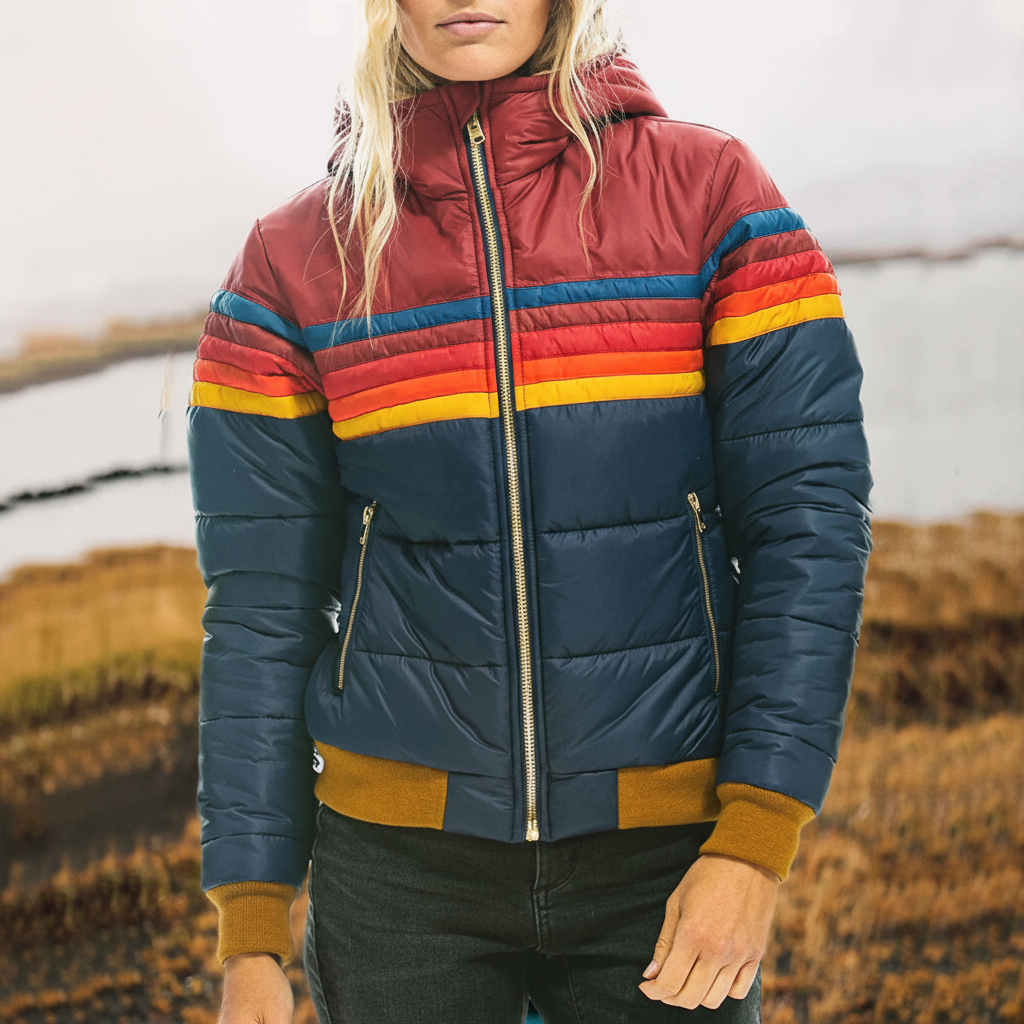 Fashionable women's striped quilted jacket with hood perfect for casual winter wear