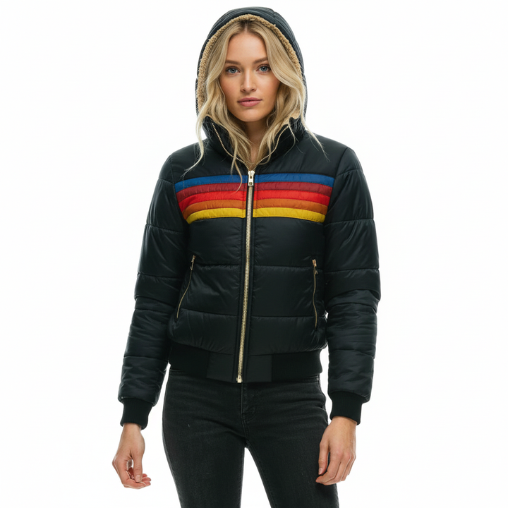 Striped hooded quilted jacket for women, ideal winter fashion outerwear