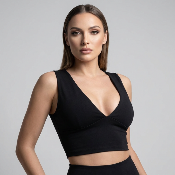 Women's racerback cutout crop top with deep V-neck, ideal for summer casual wear. Sleeveless and fitted.