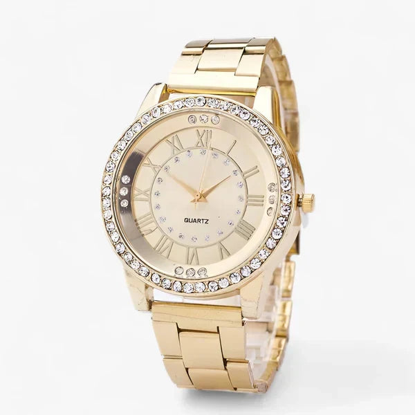 Women's radiant diamond dial luxury watch. Elegant gold stainless steel fashion accessory. Versatile timepiece.