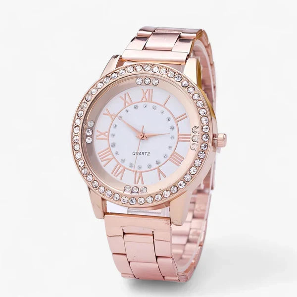 Close-up of a sophisticated women's diamond watch dial. Features shimmering diamonds & elegant design.