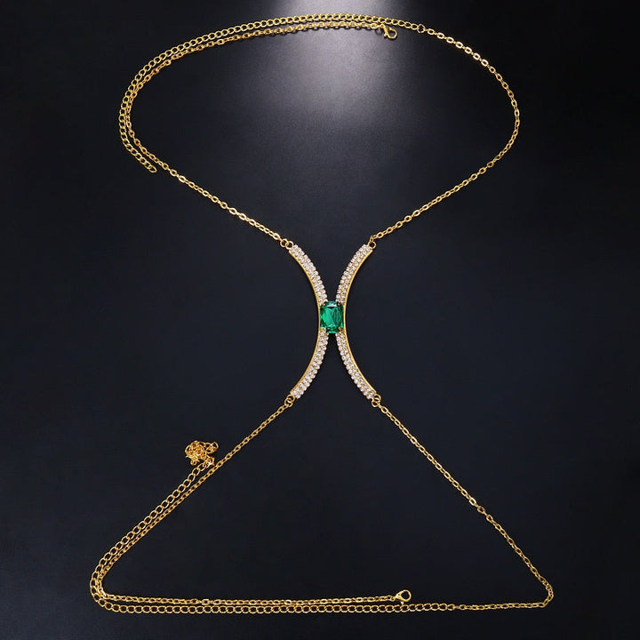 Shimmering silver rhinestone body chain necklace for women, a glamorous crystal jewelry piece for evening wear.