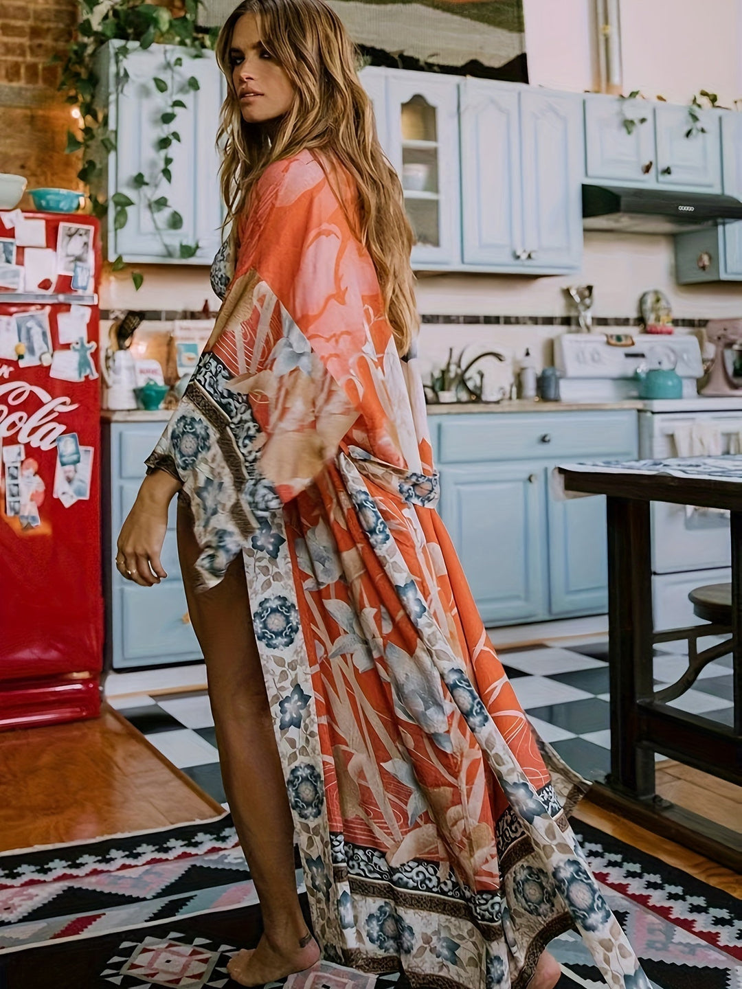 Women's red floral print beach kimono, lightweight summer cover-up and resort wear.