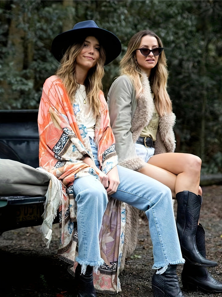 Bohemian red floral print women's kimono, a stylish beach cover-up for sunny days.