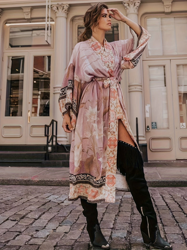 Vibrant red floral women's kimono, perfect for beach, pool, or casual summer style.