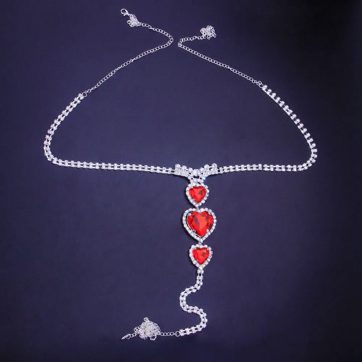 Glamorous women's red heart rhinestone body chain. Copper crystal jewelry for lingerie & intimate wear.