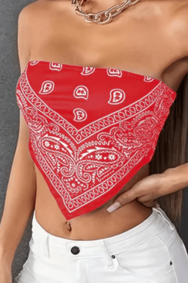 Women's red paisley print bandeau tube top. Strapless summer top for casual wear, vacation, or festival style.