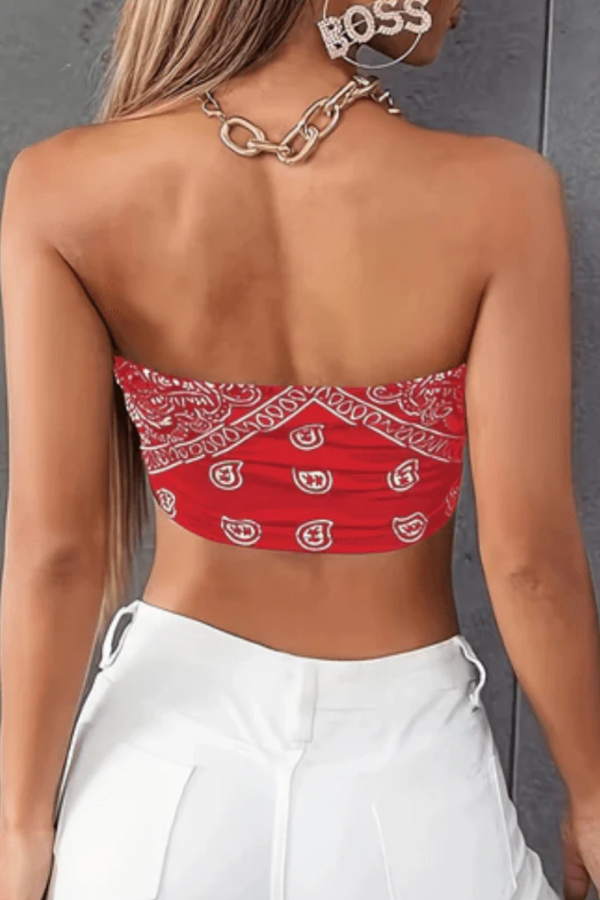 Trendy women's strapless red bandeau top featuring a bold paisley print, perfect for summer fashion & festivals.