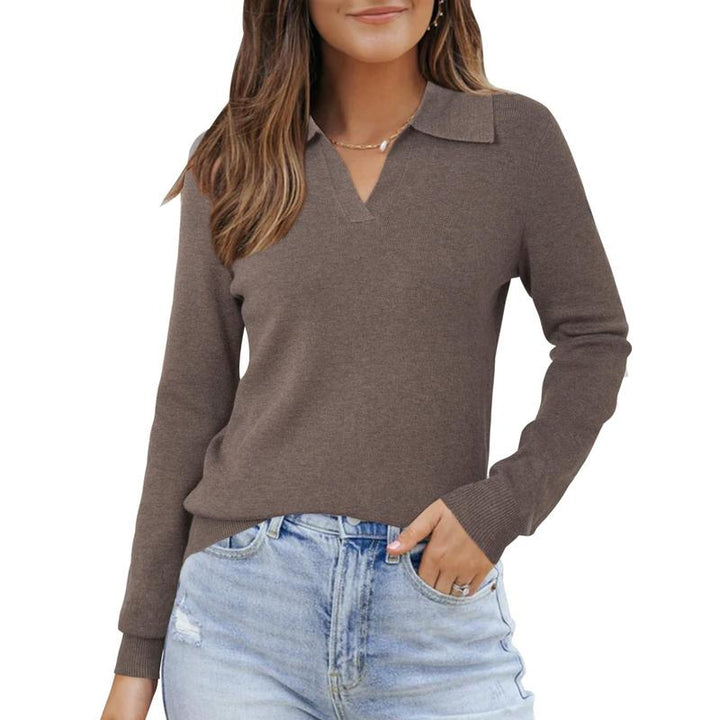Tailored fit women's knit collared top in a sophisticated beige, perfect for everyday elegance.