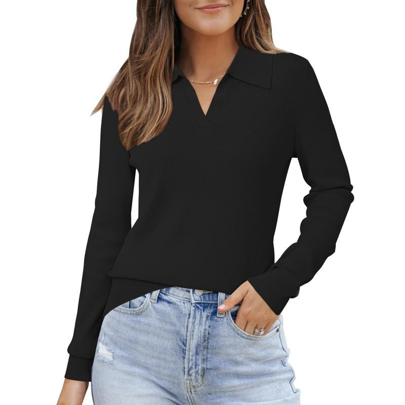 Black women's collared knit top, a versatile and elegant shirt for smart casual or work outfits.