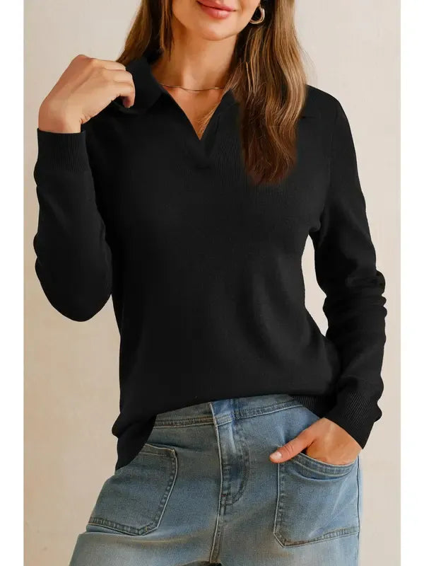 Refined women's collared knit top in white, ideal for a tailored, elegant, and versatile smart casual look.