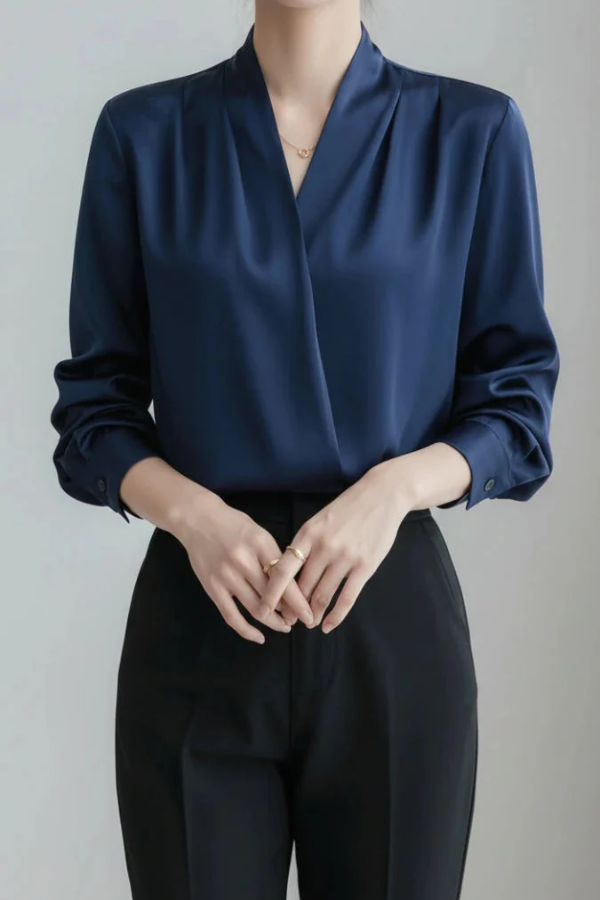 Chic women's long sleeve wrap top. Elegant blouse perfect for office wear or versatile everyday refined style.