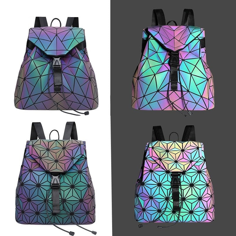 Carry essentials in style with this women's reflective geometric backpack. A luminous color-changing fashion travel bag.