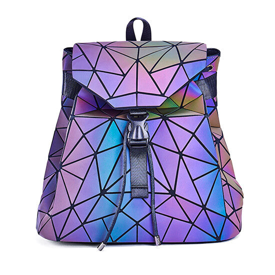 Modern women's reflective geometric backpack. This color-changing luminous bag is a stylish and unique fashion accessory.