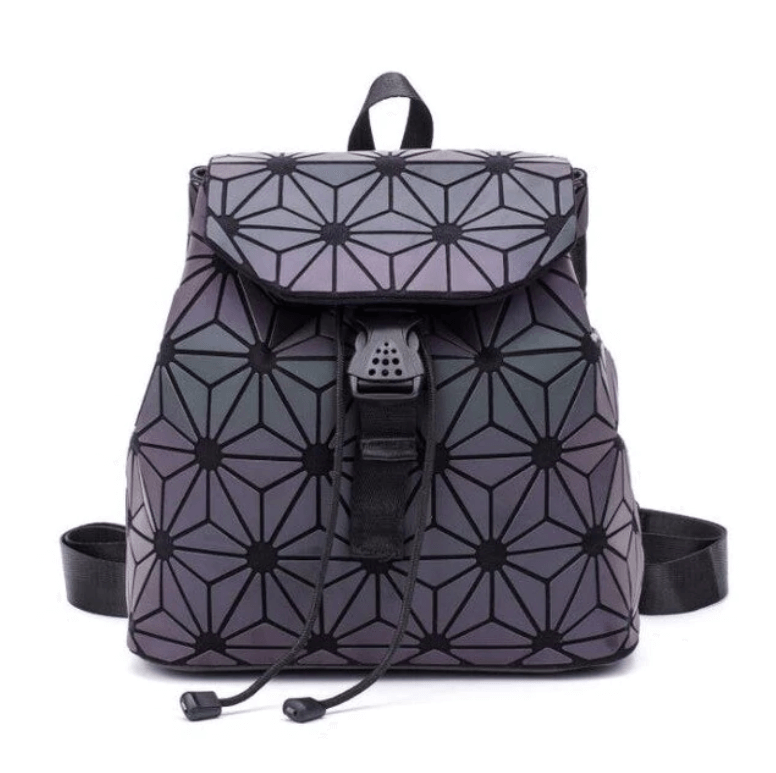 Front view of a women's color-changing reflective geometric backpack, a luminous and stylish fashion accessory.