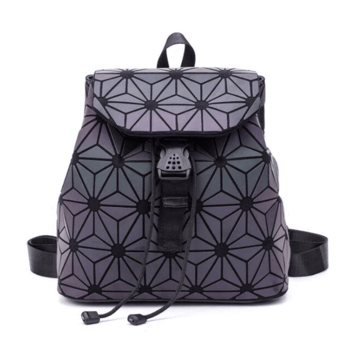Front view of a women's color-changing reflective geometric backpack, a luminous and stylish fashion accessory.