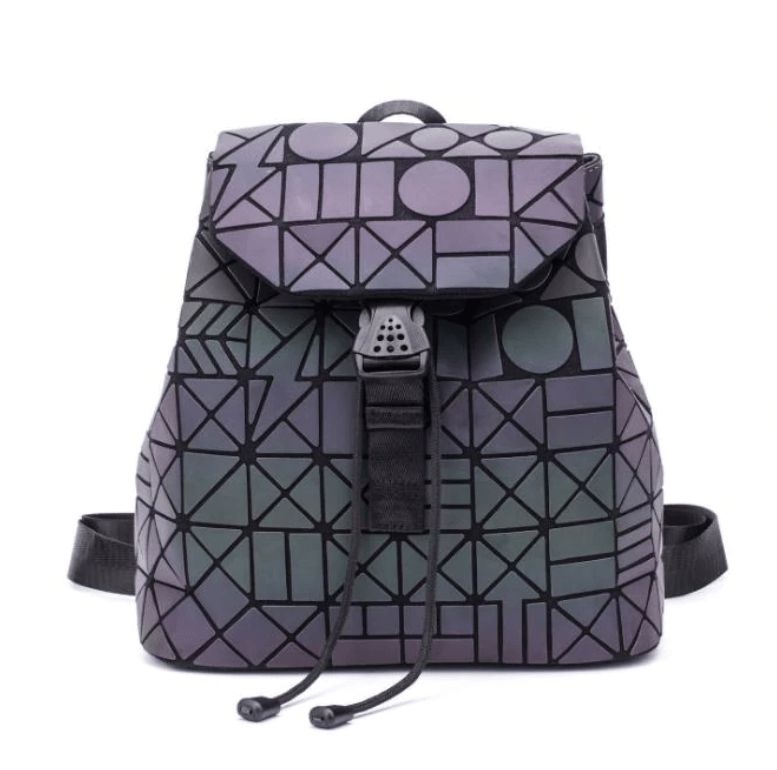Woman wearing a stylish reflective geometric color-changing backpack. Luminous fashion bag for a modern look.
