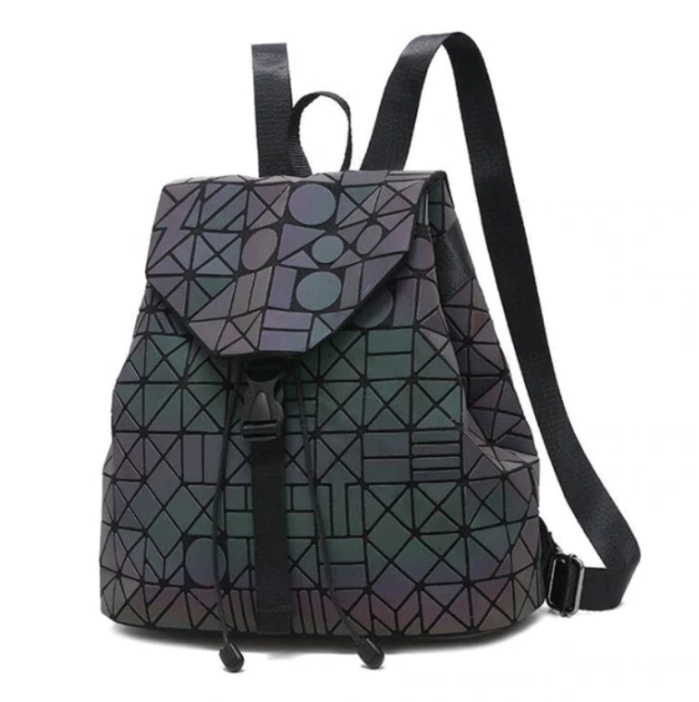 Dazzling reflective geometric women's backpack. This color-changing luminous bag shines bright, a truly unique statement.