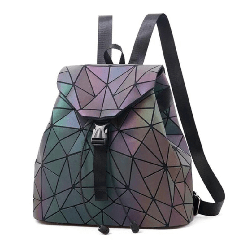 Detail of the color-changing effect on a women's reflective geometric fashion backpack