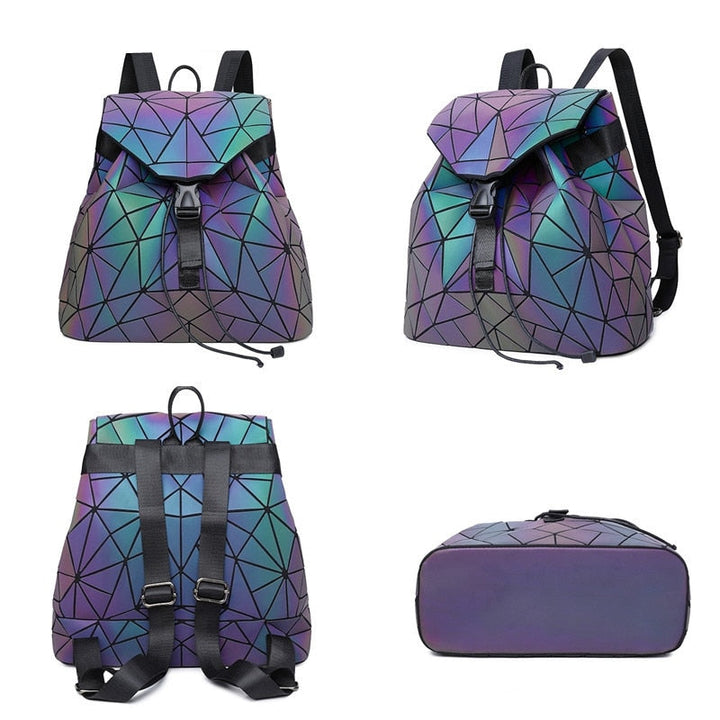 Angled view of a women's color-changing geometric backpack, showcasing its reflective surface