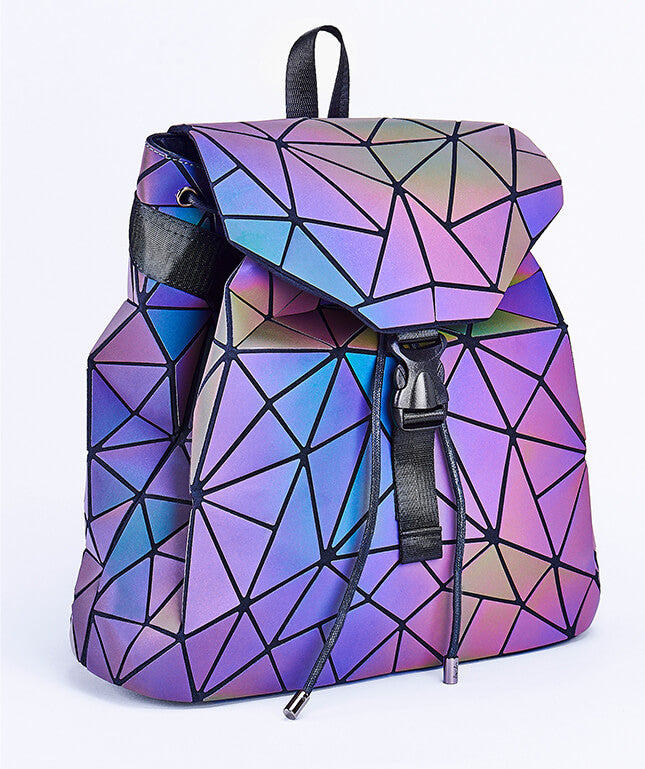 Luminous geometric backpack for women, changing colors with light, perfect fashion accessory