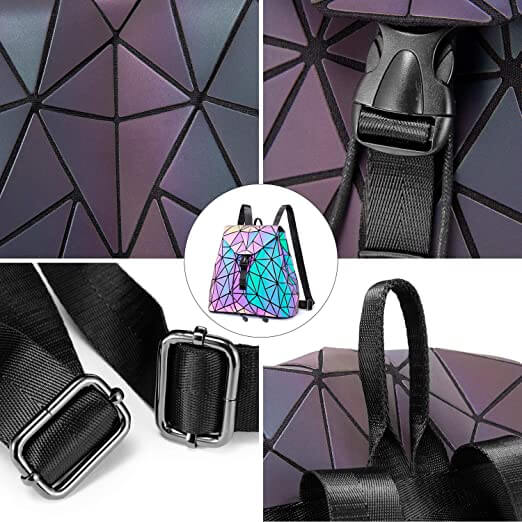Close-up of the reflective geometric pattern on a women's fashion backpack, color-shifting