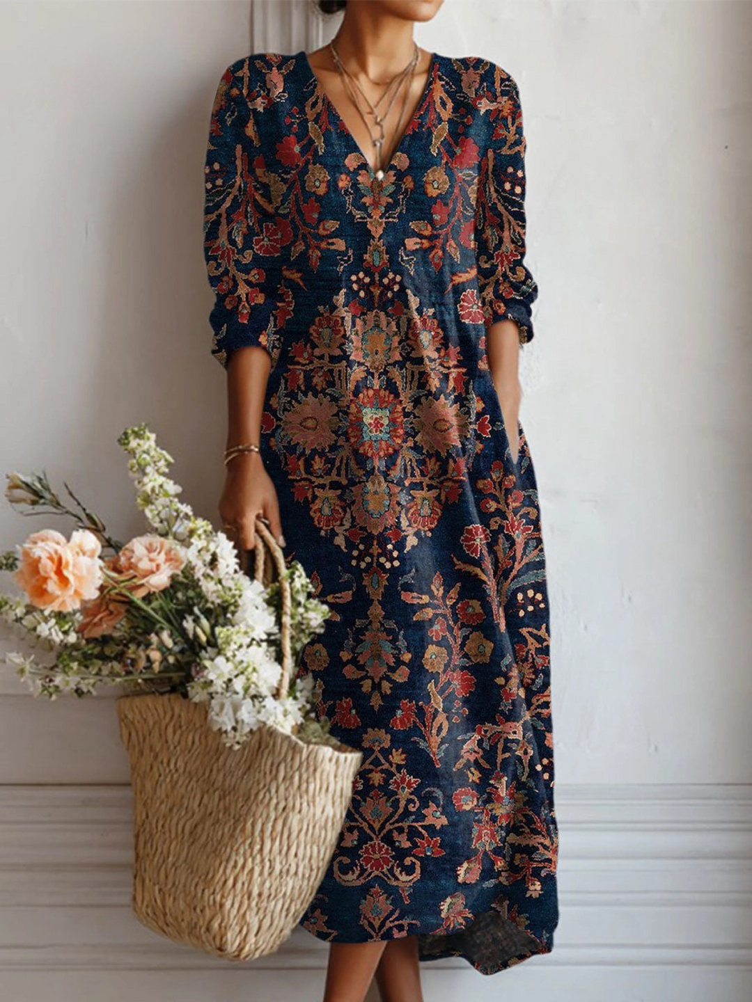 Women's regular fit long sleeve midi dress for casual daily wear, comfortable A-line style, perfect for fall & winter.