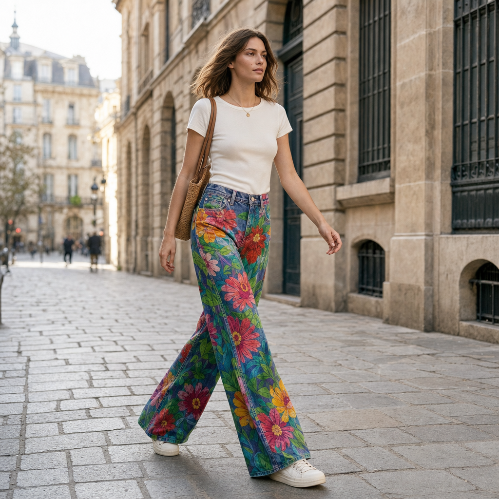 Fashionable women's loose jeans, wide leg style, ideal for a comfortable summer outfit.