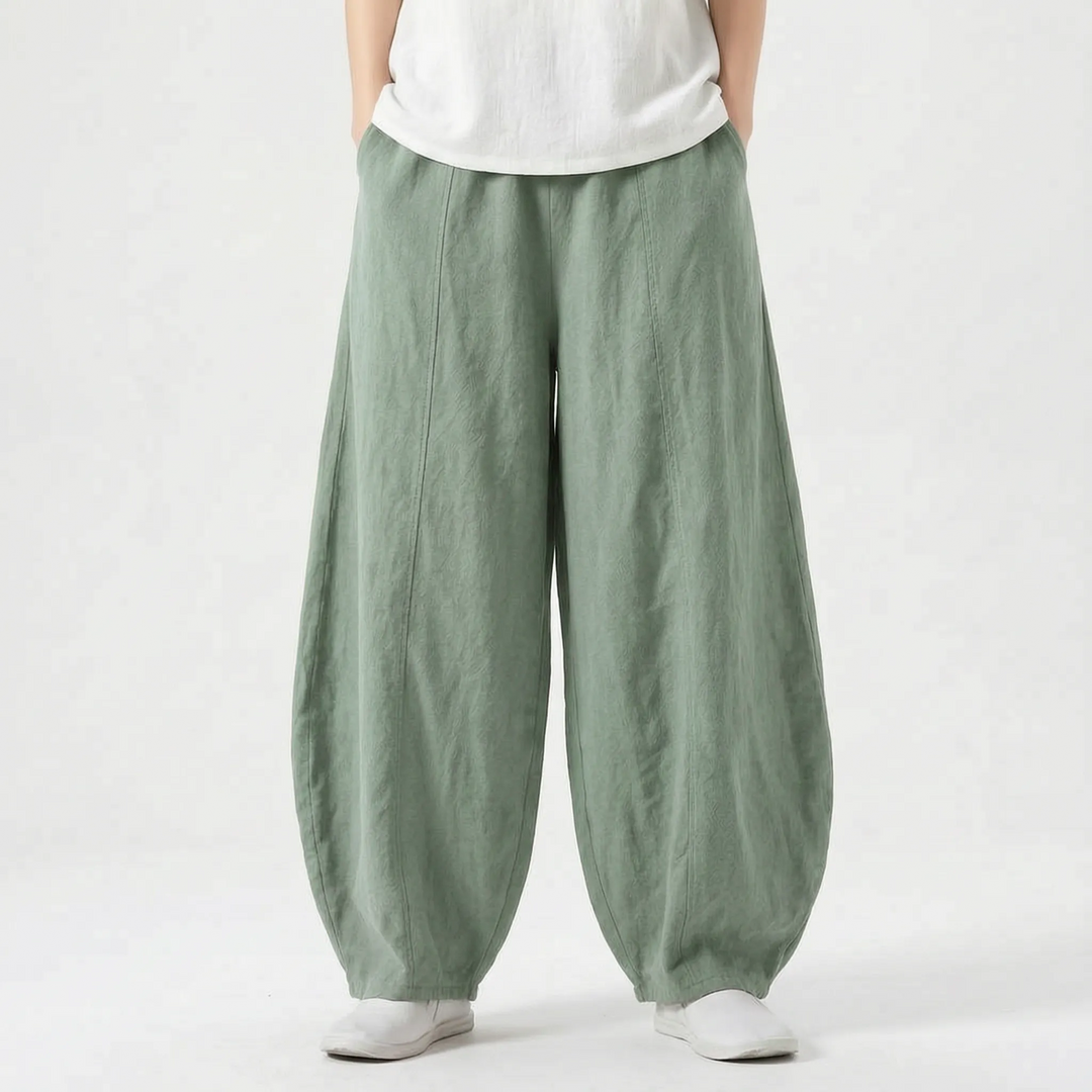 Effortless women's relaxed fit barrel pants, wide leg, elastic waist, perfect for comfy, casual looks.