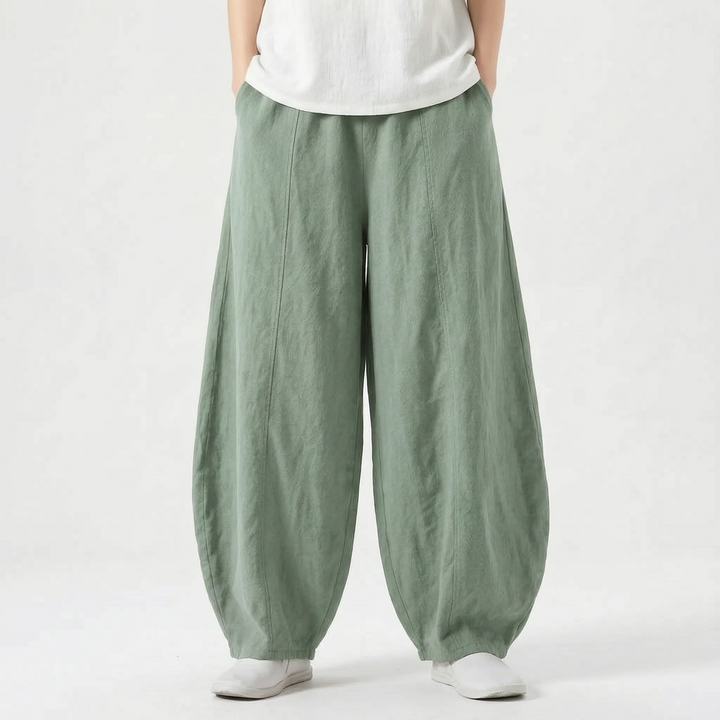 Effortless women's relaxed fit barrel pants, wide leg, elastic waist, perfect for comfy, casual looks.