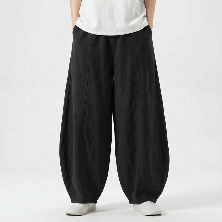 Summer-ready women's barrel pants, relaxed wide leg, elastic waist, offering cool and comfy style.