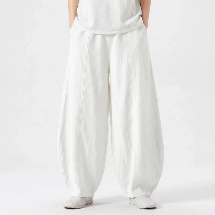 Women's full-length barrel pants, relaxed wide leg, pull-on elastic waist, great for casual style.