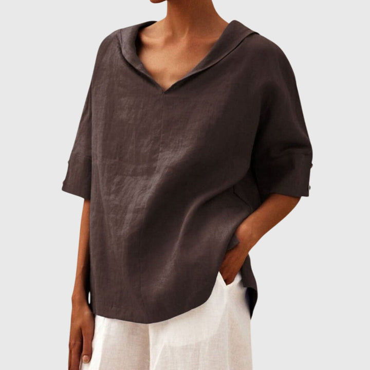 Everyday women's relaxed fit blouse. Soft, loose long sleeve top for casual comfort and chic style.