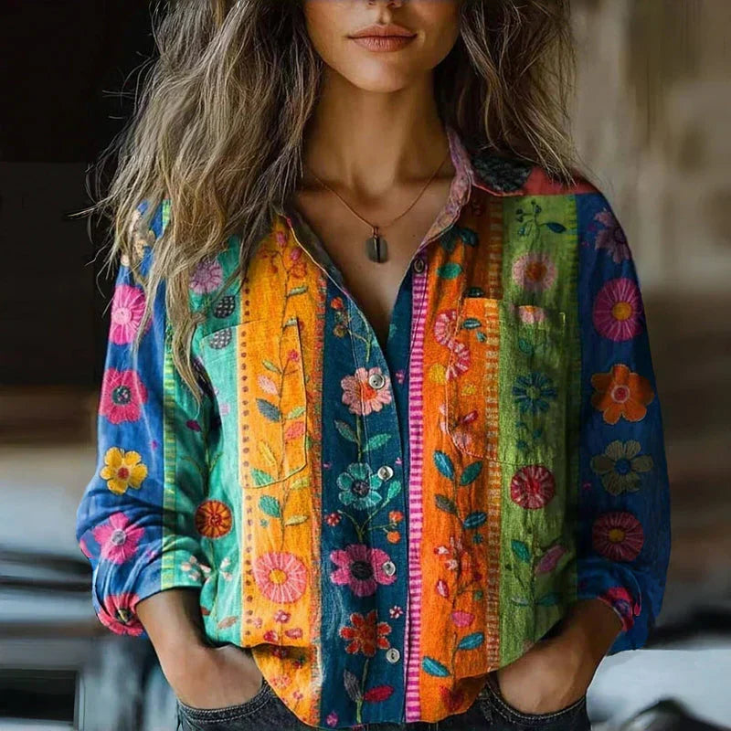 Comfortable women's relaxed fit boho top showcasing a beautiful vintage print, perfect for everyday summer fashion.