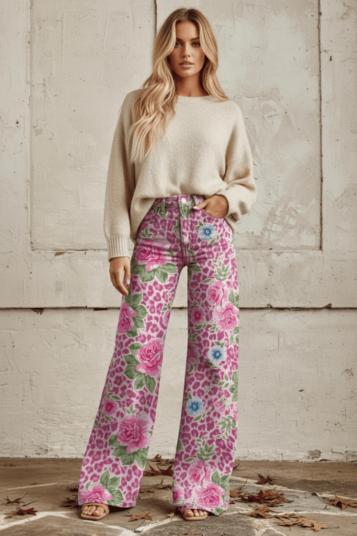 Patterned women's summer jeans, breathable relaxed fit for stylish casual comfort.
