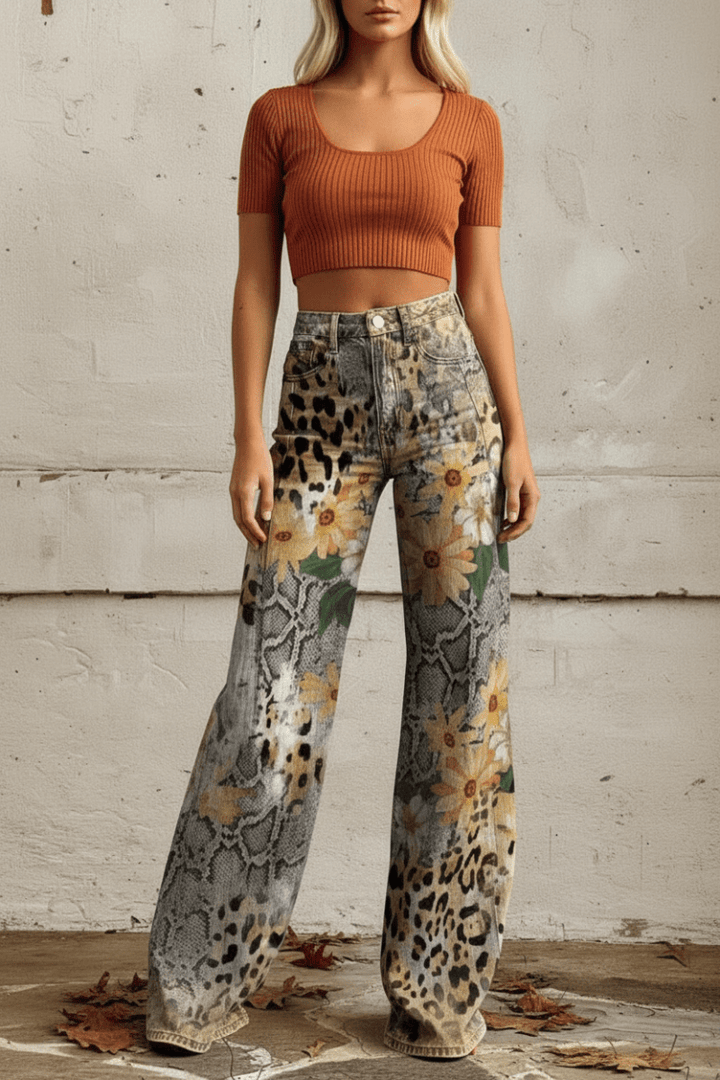 Floral print women's relaxed fit jeans, breathable and comfortable for summer fashion.