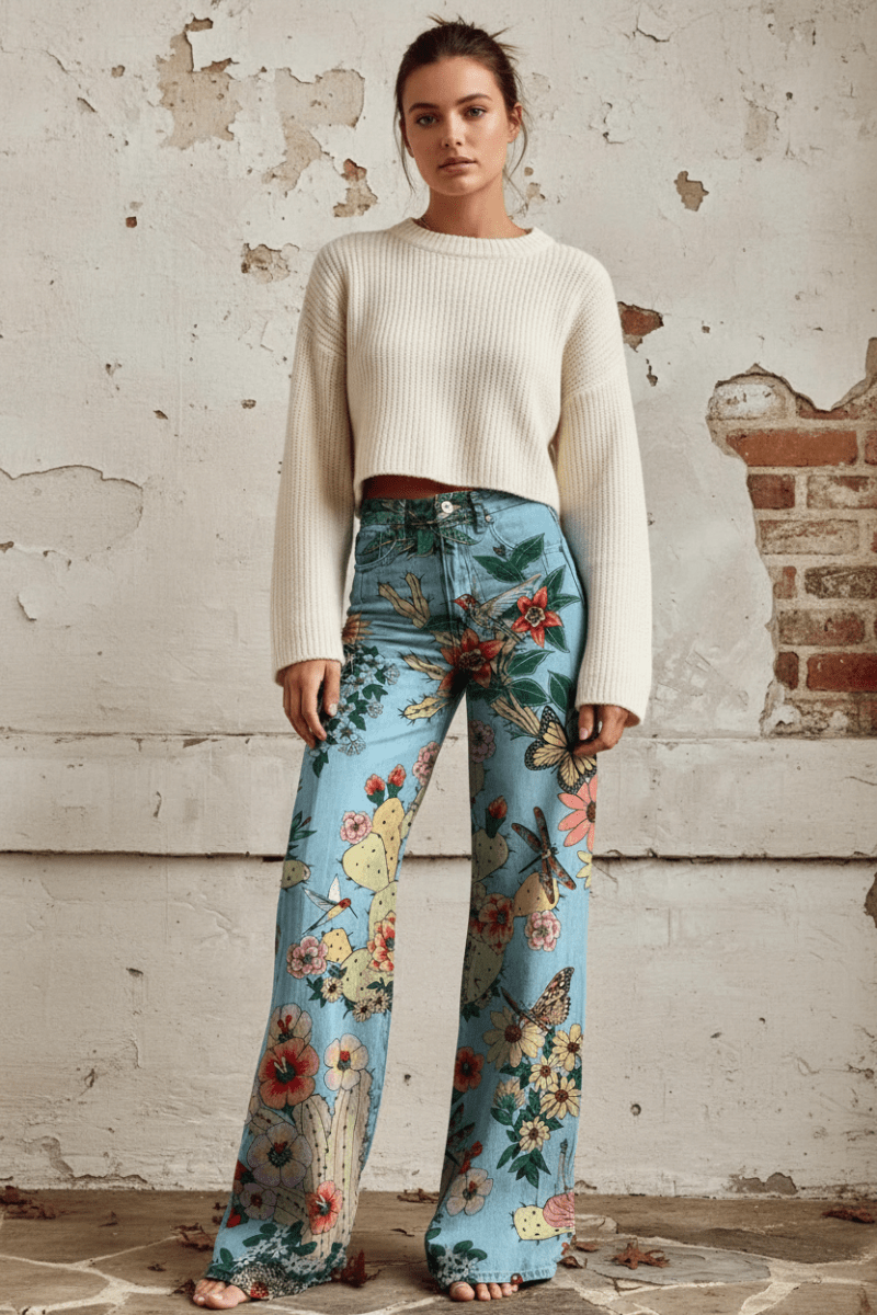 Women's floral relaxed fit jeans, comfortable and breathable denim for summer ease.