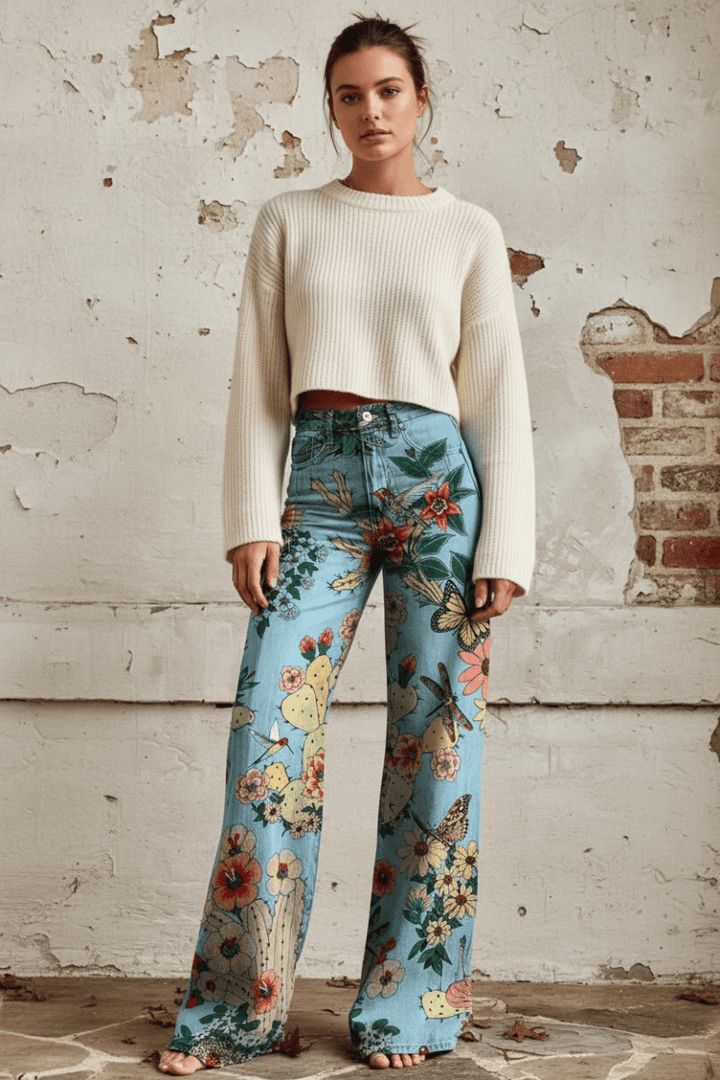 Women's floral relaxed fit jeans, comfortable and breathable denim for summer ease.