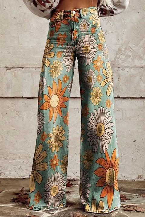 Floral women's baggy jeans, comfortable and breathable for warm weather casual style.