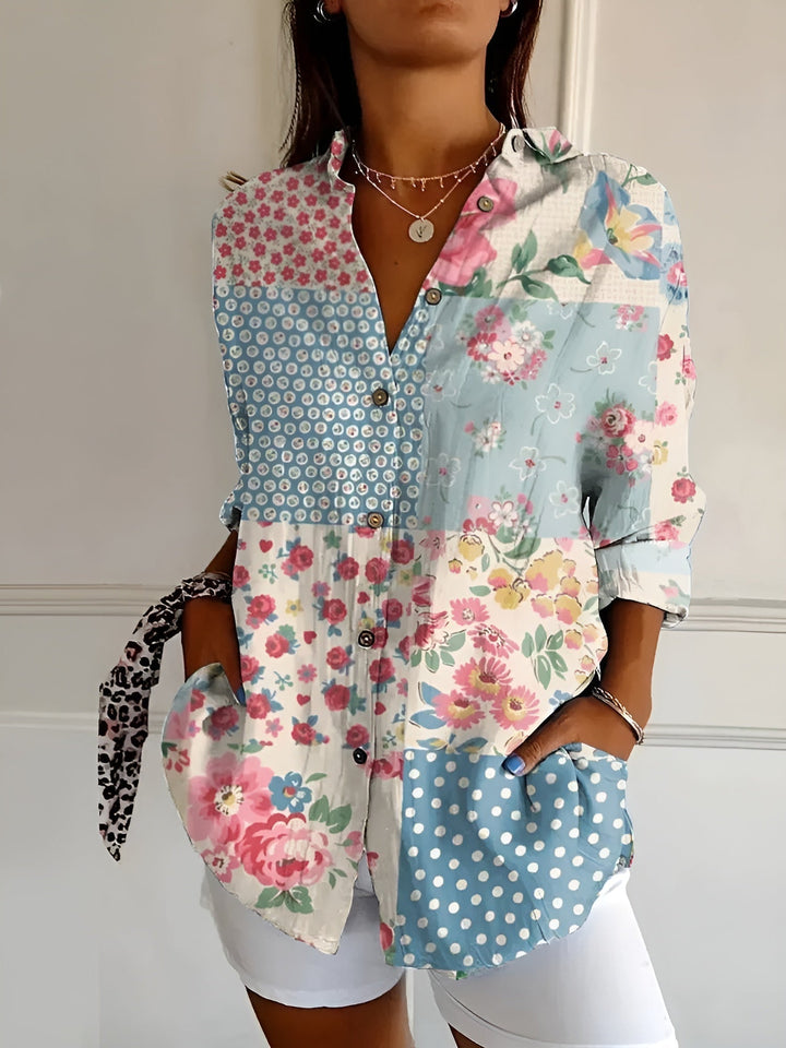 Chic women's V-neck button-down blouse in a relaxed fit, a versatile long sleeve top for modern wardrobes.