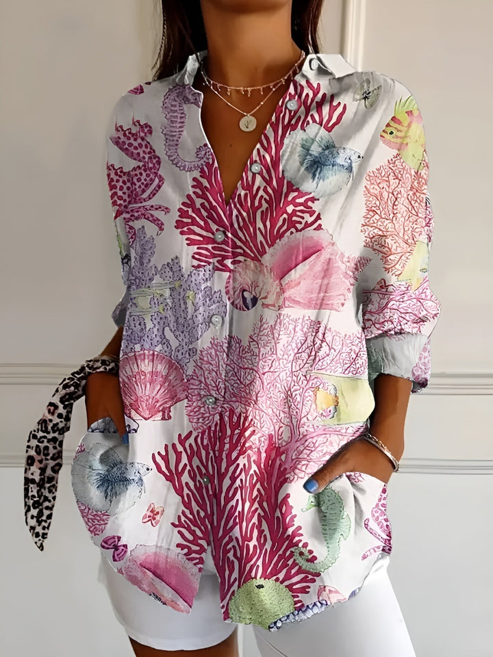 Soft, relaxed fit women's blouse, a stylish button-down long sleeve top for casual elegance & comfort.