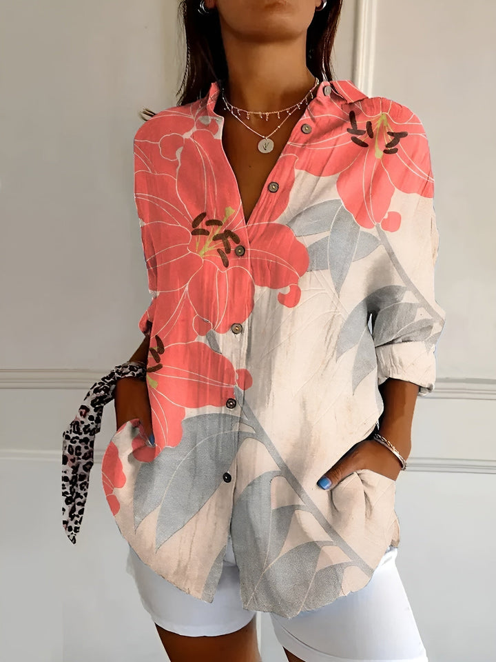 Modern women's fashion relaxed fit button-down blouse, a versatile long sleeve top for effortless style.