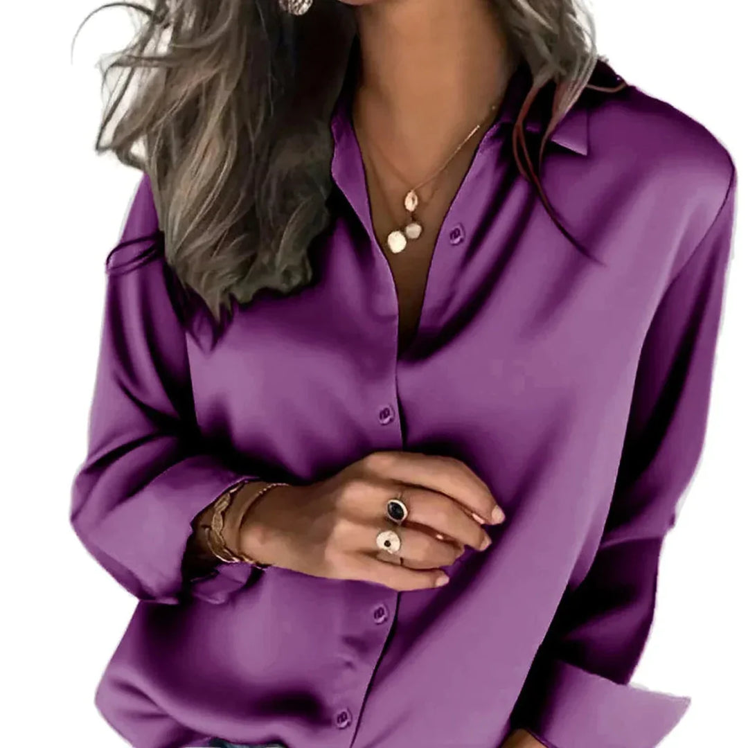 Women's relaxed fit button down shirt, long sleeve elegant blouse perfect for casual or office wear.