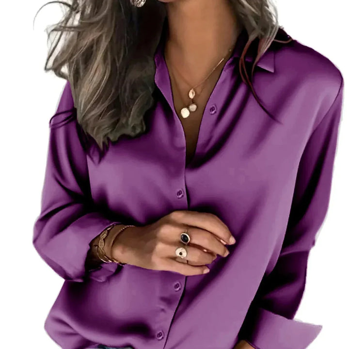 Women's relaxed fit button down shirt, long sleeve elegant blouse perfect for casual or office wear.