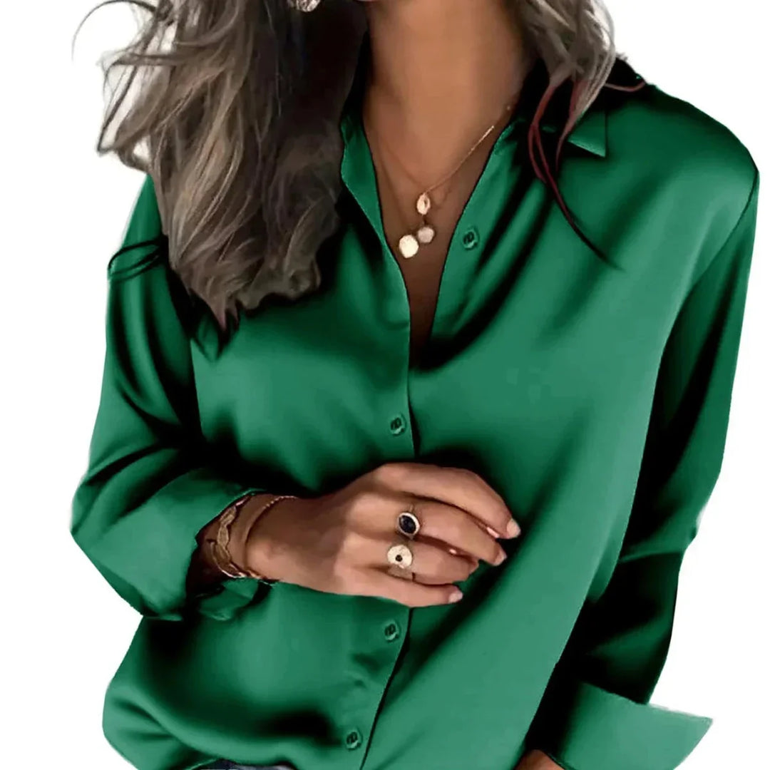 Casual women's long sleeve button down shirt, relaxed fit blouse for comfortable everyday wear.