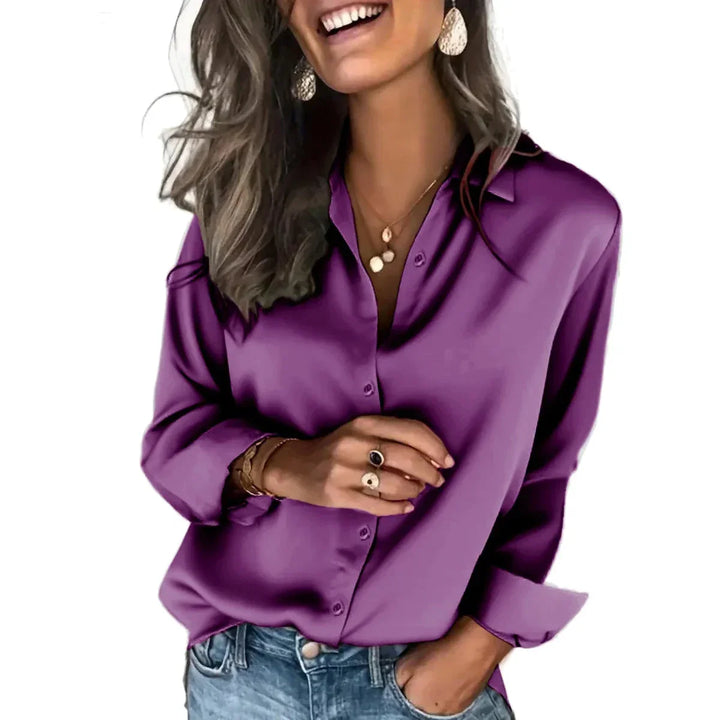 Versatile women's relaxed fit button down shirt, long sleeve blouse, ideal for casual, chic, or office wear.